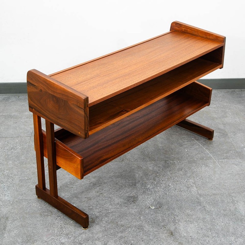 Mid Century Danish Modern Console Table Entryway Storage Walnut Shelving MCM gallery