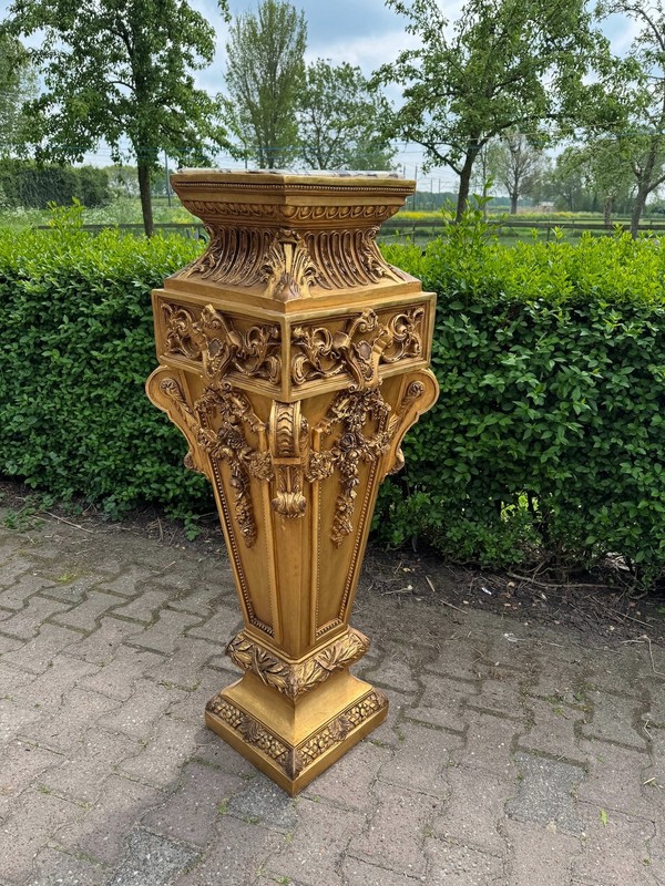 Pedestal French Louis XVI Gold Resin Marble Top Floral Display Stand 1960 Tall gallery