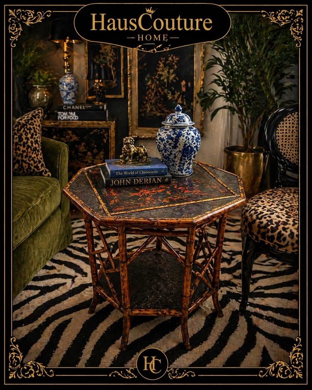 Antique Victorian Bamboo Lacquer Table Chinoiserie Tiger Bamboo 2 Tier