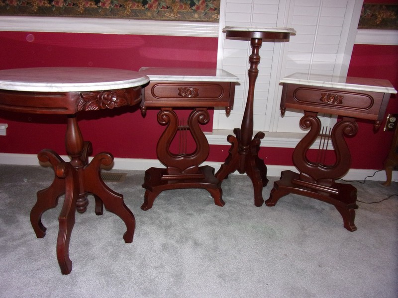 Victorian Set 2 Mahogany Lyre Harp Tables Marble Top - other pieces available gallery