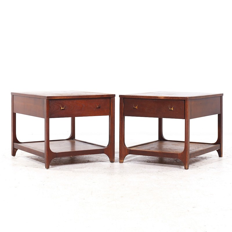 Broyhill Brasilia Mid Century Walnut and Brass Side End Tables – Pair