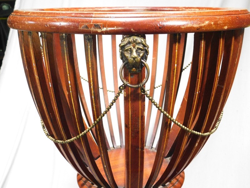 Antique Victorian Mahogany Jardiniere Stand Brass Lion Heads Inlaid tripod c1890 gallery