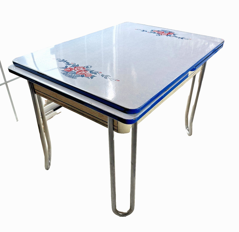 Vintage 1930s Porceliron Enamel Top Kitchen Table Beaver Falls PA Chrome Legs gallery