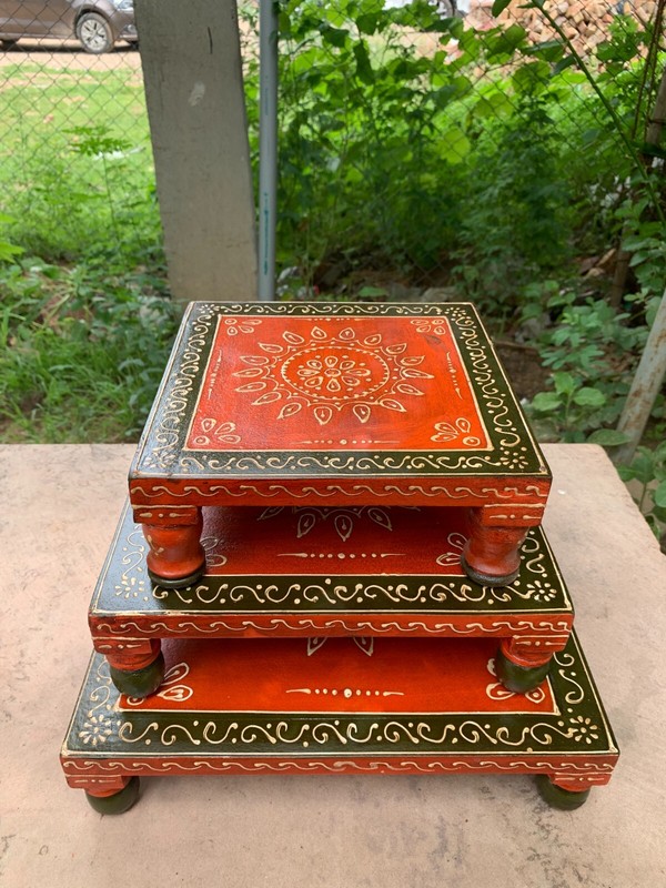 Pooja Stool Chowki Traditional Handcrafted Wooden Painted Bajot Indian Art Work gallery