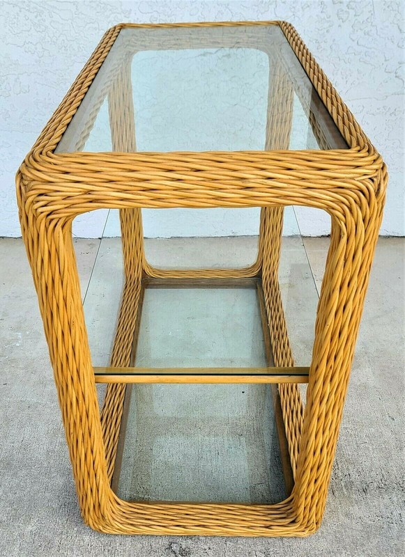 1970's Coastal Pencil Reed Bamboo Rattan Console Dry Bar gallery