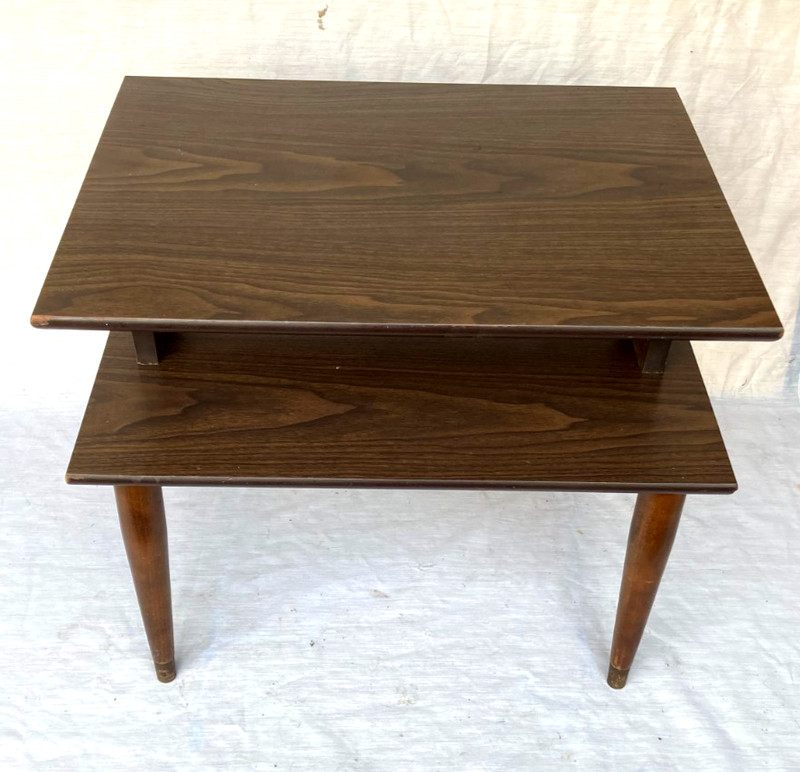Vintage Retro Mid Century Modern 2-Tier Walnut Wood Formica End Table - Nice!! gallery