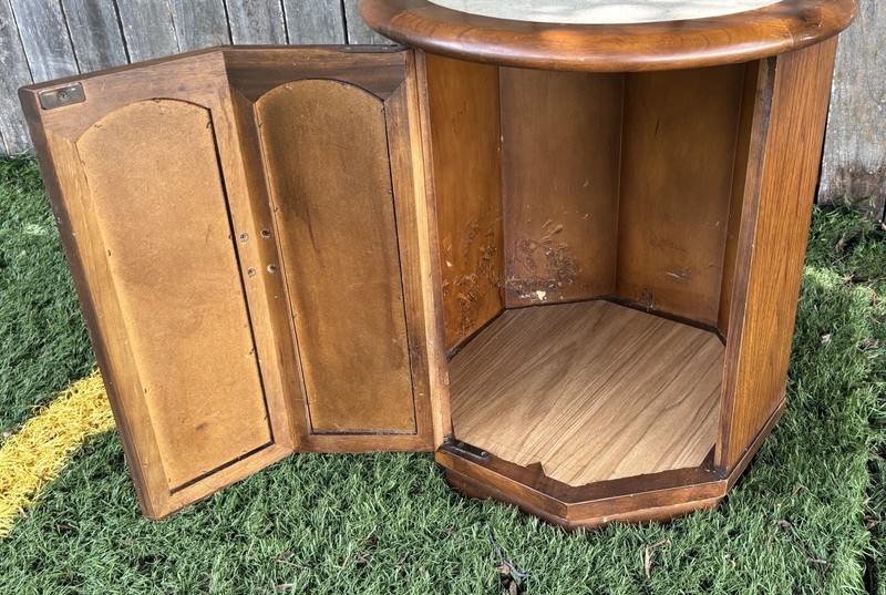 Vintage Mid Century Danish Modern Octagon Drum Side End Table Cabinet MCM Marble gallery