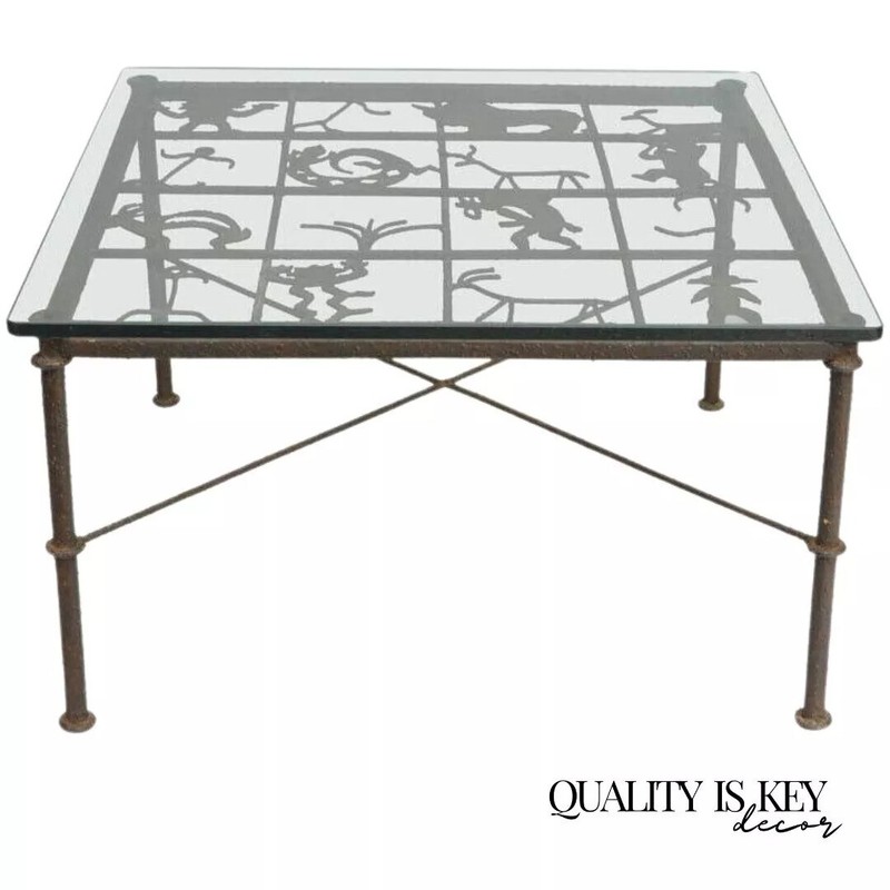 Native American Glyph Figures Metal and Glass Square Brutalist Coffee Table