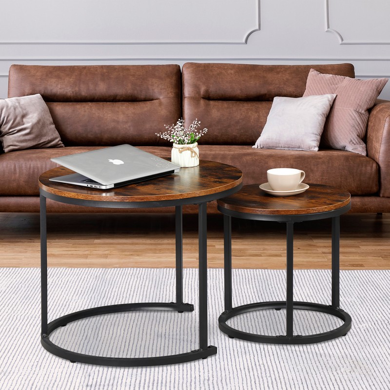 Set of 2 Nesting Coffee Table Round End Side Table for Small Spaces Rustic Brown gallery