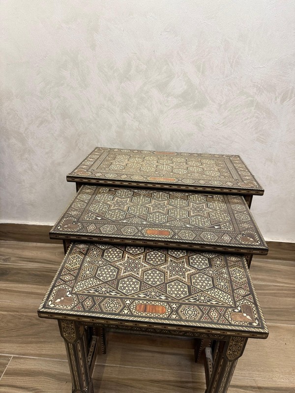 Rare Vintage Damascus Inlaid Nest of 3 Tables 1940s Mother of Pearl Tunbridge gallery