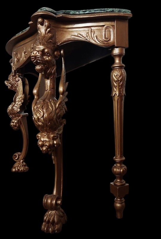 ANTIQUE LARGE FRENCH TABLE CONSOLE FIGURAL GARGOYLES CARVED GILT WOOD & MARBLE gallery