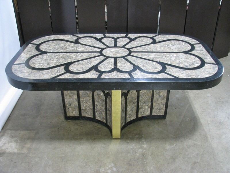Maitland-Smith 72" Dining Table Tessellated Fossil Stone w/ Inlay Triangle Base gallery