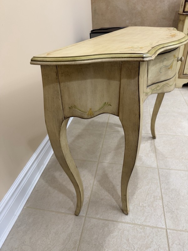 Antique French Country Console Table Wood Curved Beige Gold Carvings Drawer gallery