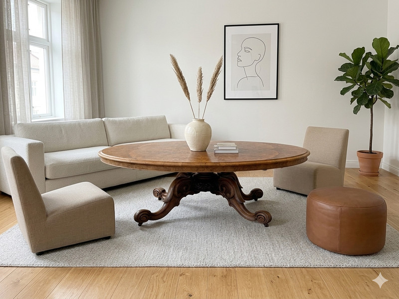 Vintage Estate Burl Walnut Wood Large Oval Low Coffee Table GB648 gallery