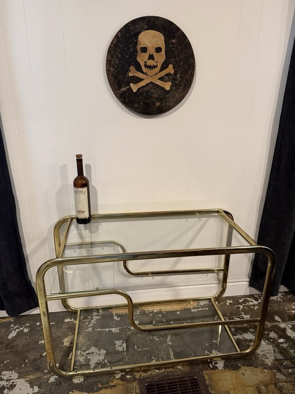 Mid Century Modern Brass Glass Bar Table Hollywood Regency Milo Baughman Style