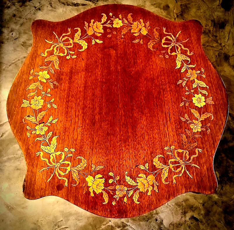 Antique French Louis Philippe Mahogany Accent Table Inlaid Marquetry Turtle Top gallery