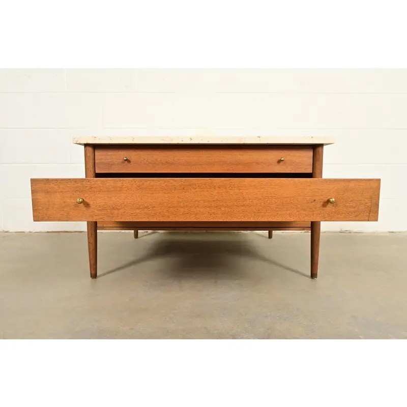 Paul McCobb Mahogany and Travertine Top Cocktail Table, 1950s gallery