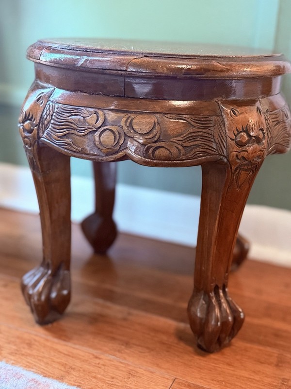 Vintage Asian Dragon Carved Lion Foot Wood Side Table Plant Stand 12.75” Tall gallery