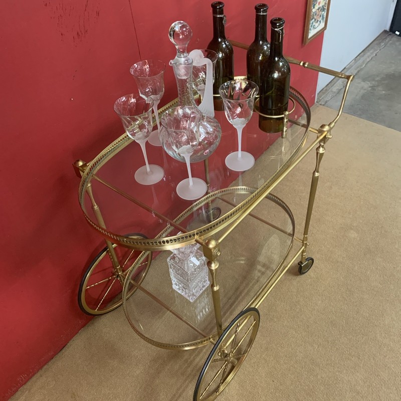 VTG Brass Italian Neoclassical 2 Tier Bar Cart Oval Glass Style of Maison Jansen gallery