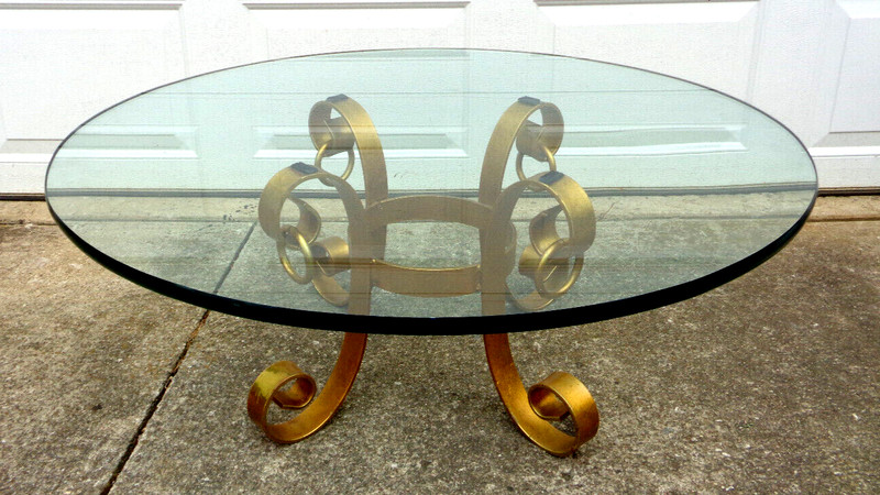ITALIAN? GILDED SCROLL IRON COFFEE TABLE, HOLLYWOOD REGENCY, 3/4" GLASS, HEAVY! gallery