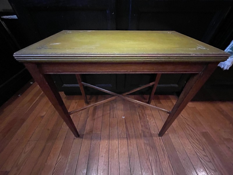 Leather Topped card side table 24 carot gold leaf tooling hand embossed blind gallery