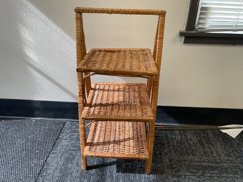 Vintage Bamboo & Wood Side Table Woven Rattan Wicker Boho Tropical Decor