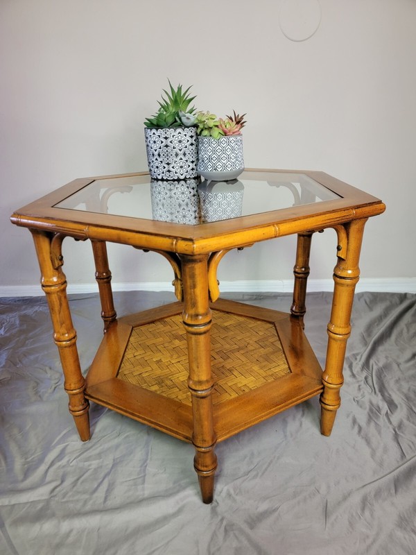 Vintage Mid-Century Hexagonal Coffee/Side Table, Glass-Top, Faux Bamboo/Rattan