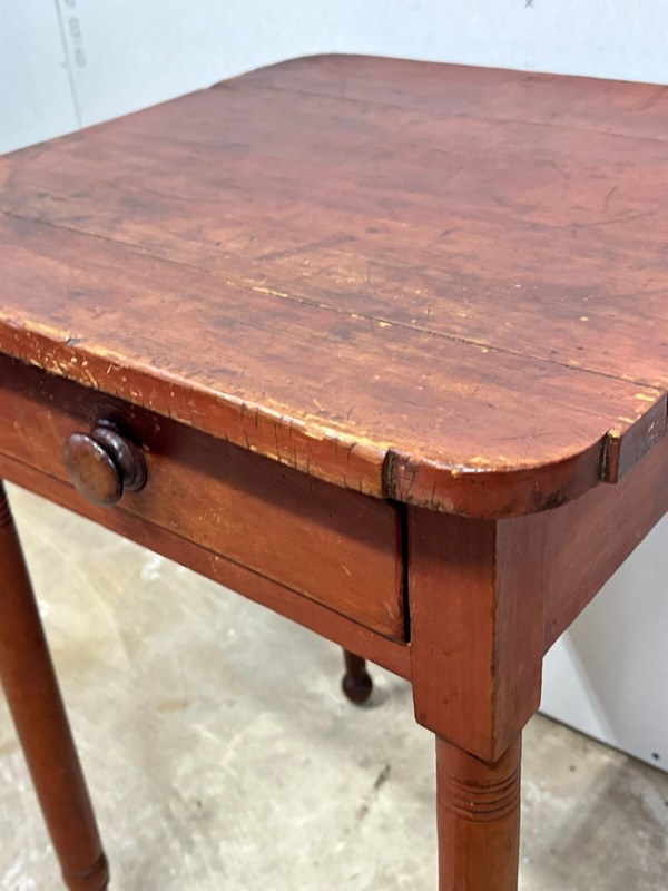 Antique Table Old Red Paint Cutout Top Stand Folk Sheraton 1830 Drawer gallery