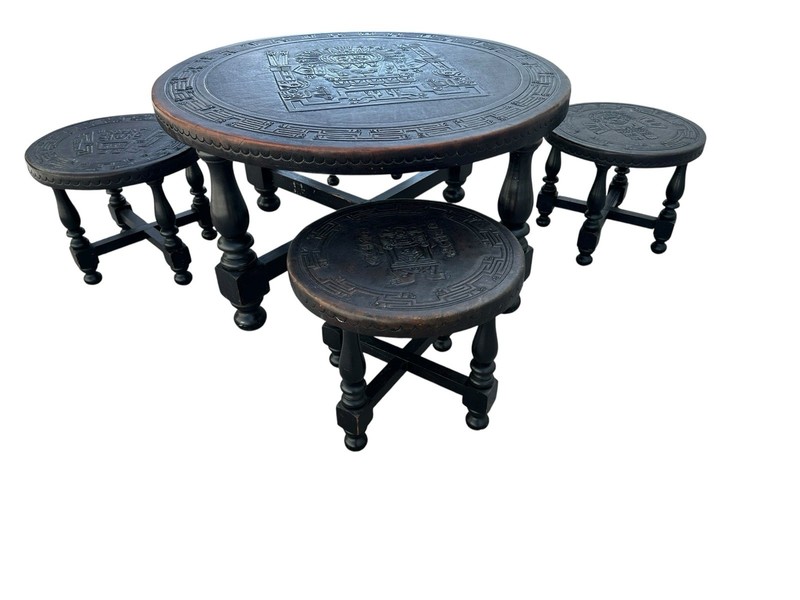 Angel Pazimo Leather & Wood Coffee Table With 4 Chairs, Aztec, Local Pickup Only
