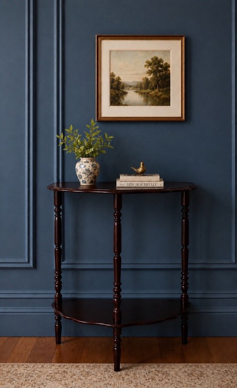 Rare Refinished Vintage Double Shelf Demilune Half Moon Entry or Hall Table gallery