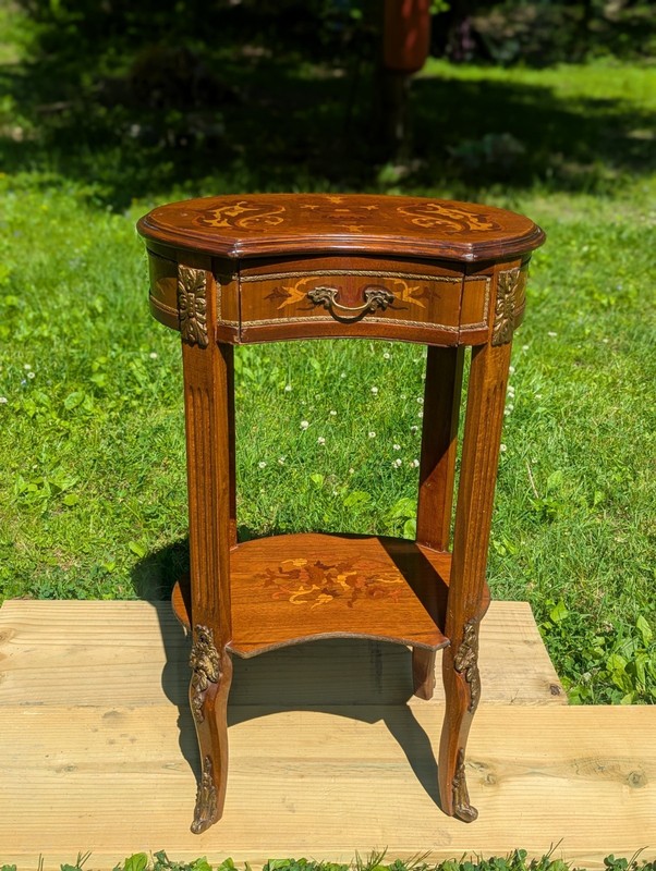 Vintage Louis XV Style Marquetry Inlaid Wood Small Curved Accent Table #1
