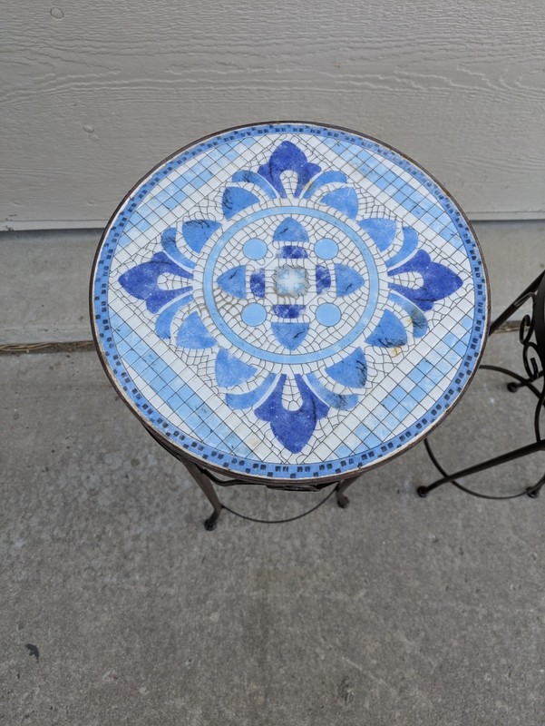 Vintage Set of 2 Blue Mosaic Tile Top Pedestal Tables Plant Stand Wrought Iron gallery