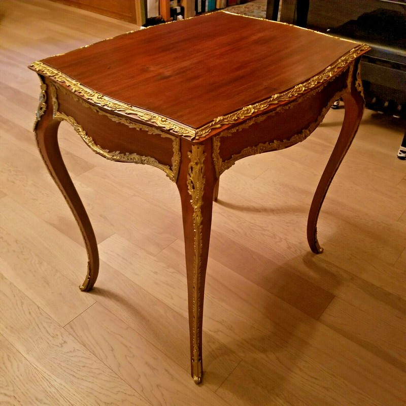 Antique Louis XV type table with gold gilded gold ormolu gallery