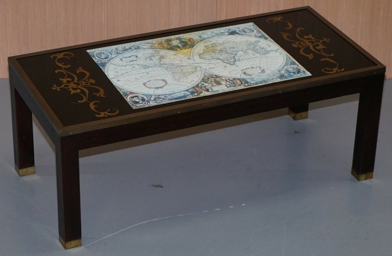 STUNNING COFFEE & SIDE TABLE NEST OF TABLES MILITARY CAMPAIGN WITH WORLD MAPS gallery