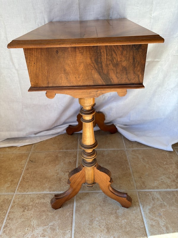 A Stunning Victorian Antique Walnut Burl & Carved Sewing Table (c. 1860-1880) gallery