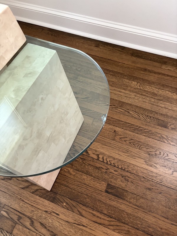 1980s Postmodern Tessellated Stone Side Table D-Glass Top Garcel Style gallery