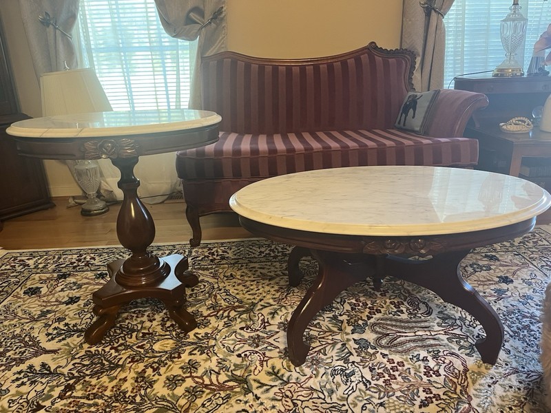 Italian made Coffee Table And Side Table With Marble Top And Etched Rose Design.
