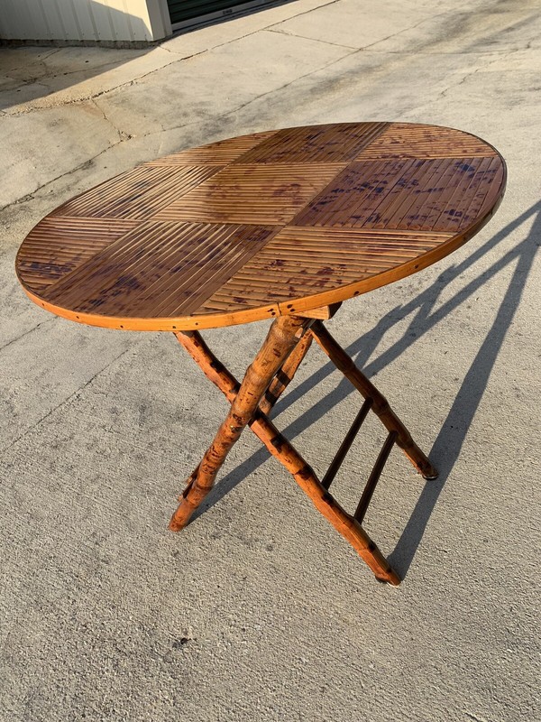 Vintage Bamboo Tortoise Shell Folding Bistro Table MCM 70s Rattan Furniture gallery
