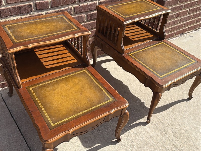 PAIR Step-Back Tooled Leather Top ANTIQUE Side End Tables gallery