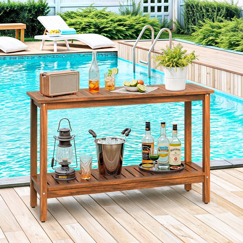48in 2-Shelf Eucalyptus Wooden Console Table Indoor Outdoor Buffet Bar Storage