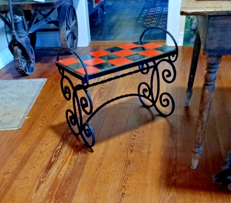 Antique Mission California Pottery Tile Bench Seat Hand hammered Iron Stand