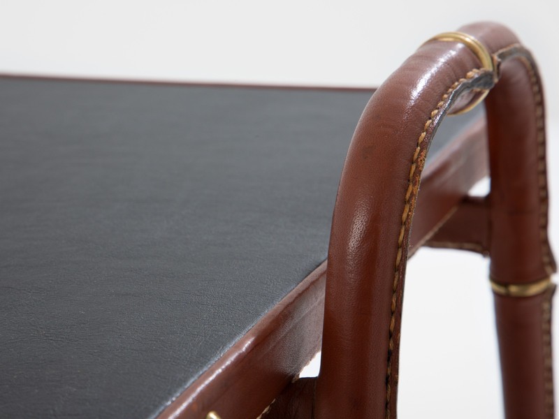 Jacques Adnet pique sellier red leather brass coffee table 1950 gallery