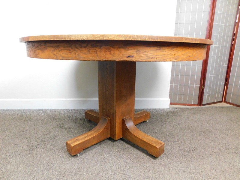 Antique Solid Oak 48″ Mission Arts Crafts Round Dining Table Pedestal Base SHIPS