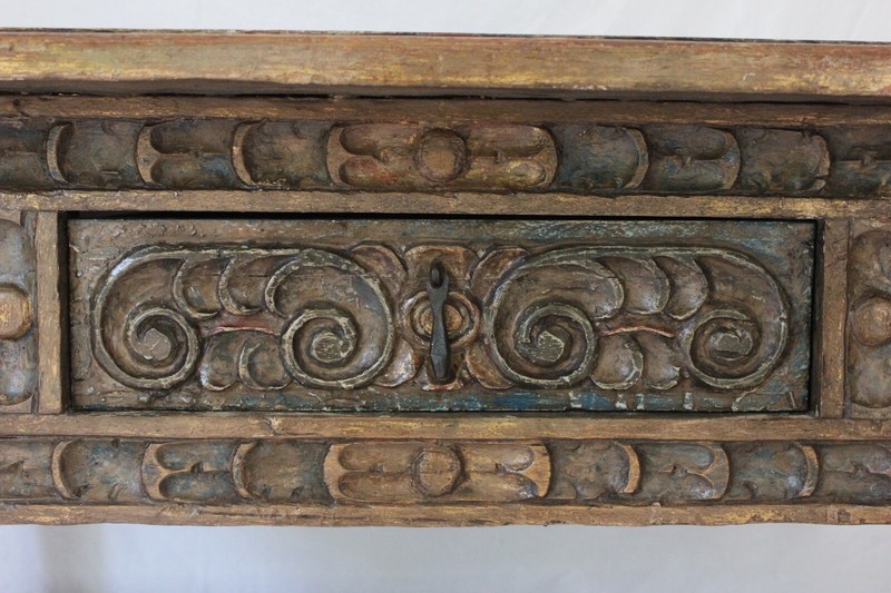 Polychrome Carved Spanish Baroque / Colonial Oak Refectory Table Circa (AF1-371) gallery
