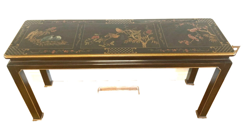 Henredon Asian Lacquered Console Table Birds in Trees Chinoiserie Design