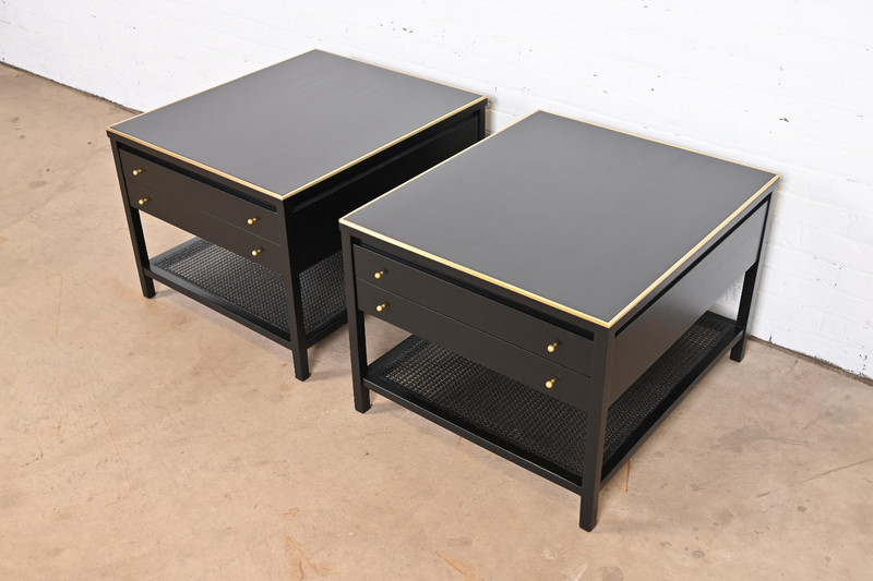 Paul McCobb Irwin Collection Black Lacquer and Brass End Tables or Nightstands gallery