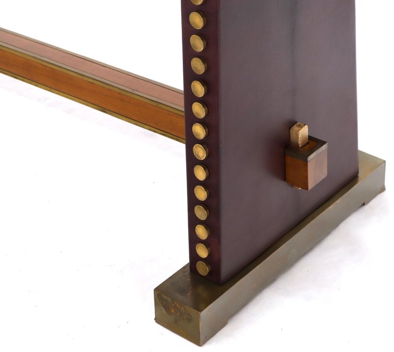Narrow Long Boat Shape Walnut Dining Harvest Table Studs Leather Brass Decorated gallery