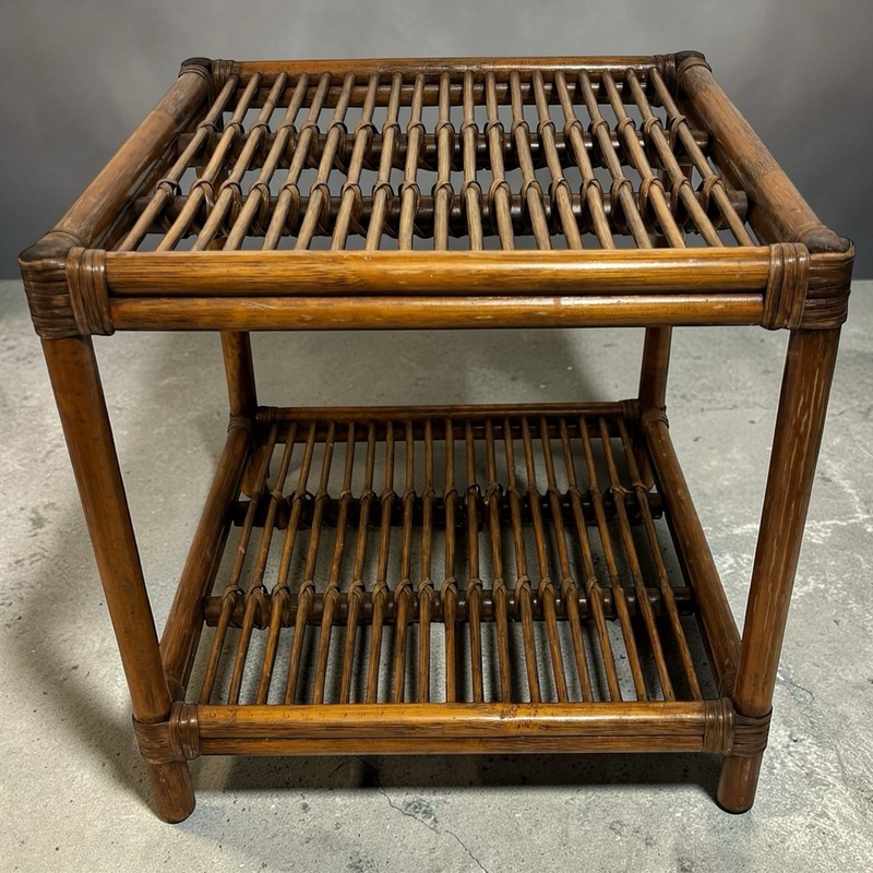 Pair Vintage Mid Century Bamboo Rattan Wicker Side End Table Stand Tiki Boho MCM gallery