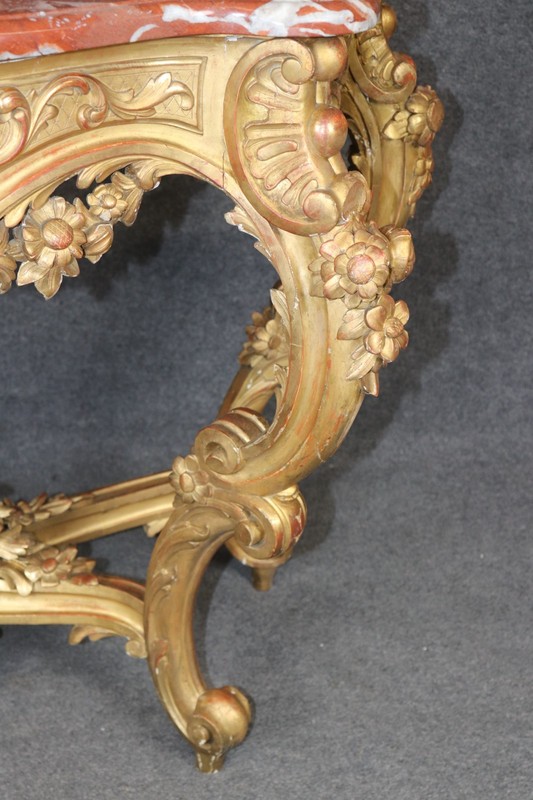 19th Century French Rococo Carved Giltwood Marble Top Console Table gallery