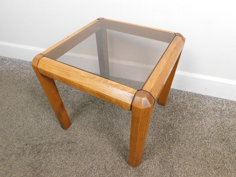 1970s Small Smokey Glass Side End Lamp Table Wood Frame Retro – Ships Flat!